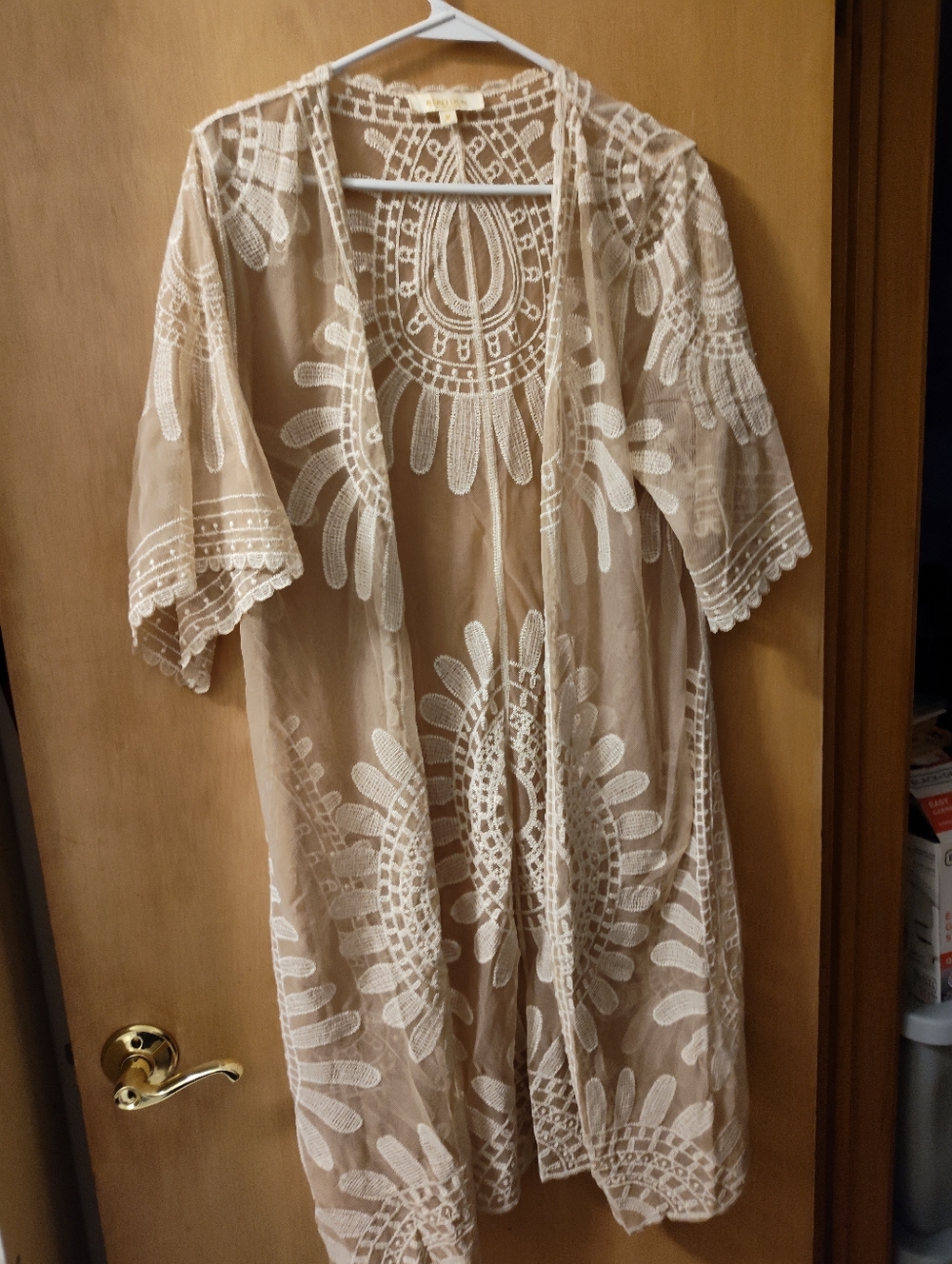 Rebellion Lace Kimono Cover-Up in Beige and White